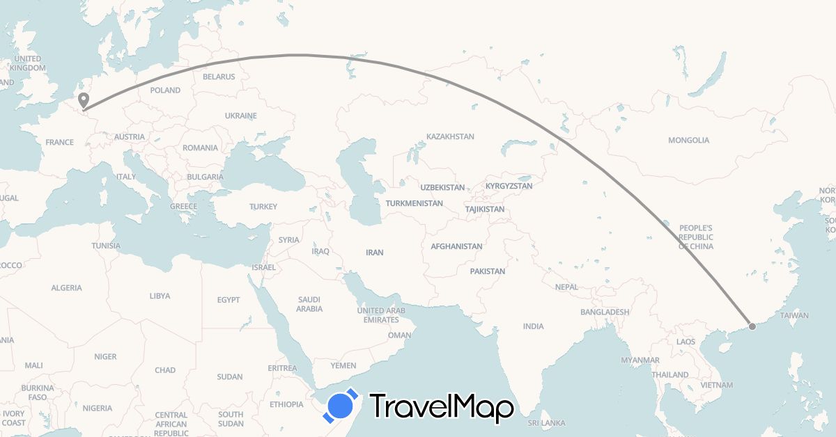 TravelMap itinerary: plane in Belgium, Hong Kong (Asia, Europe)